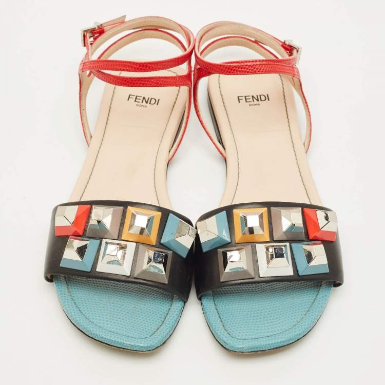 Pre Owned Fendi Fantasia Size 37 Multicolor Leather Ankle Strap Flat Sandals