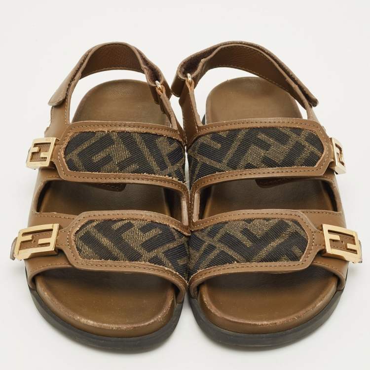 Pre Owned Fendi FF Size 35 Green FF Canvas and Leather Slingback Sandals