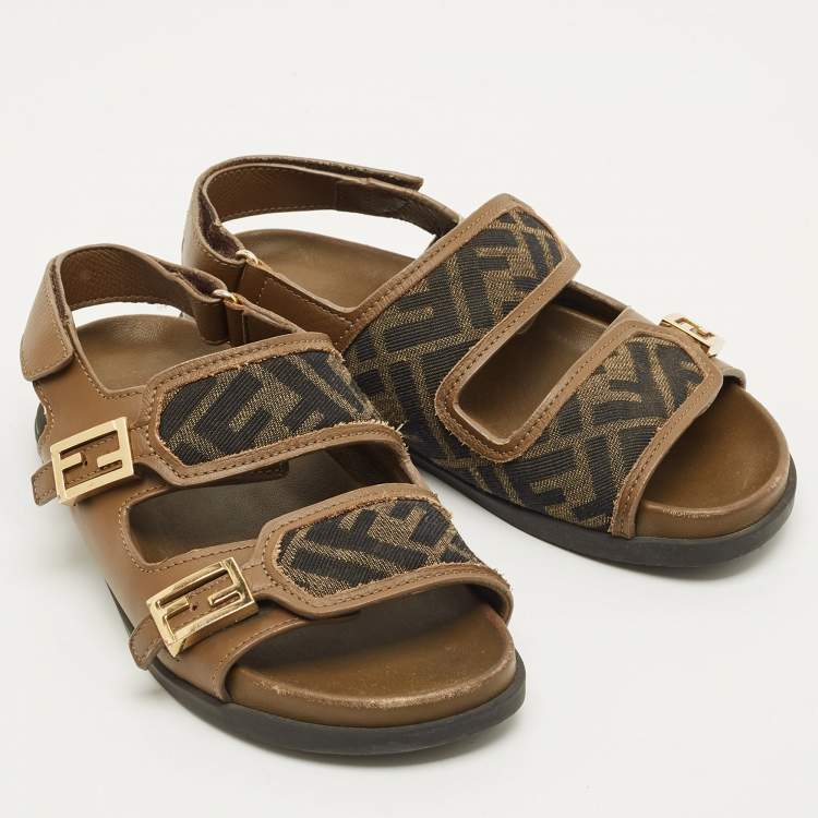 Pre Owned Fendi FF Size 35 Green FF Canvas and Leather Slingback Sandals