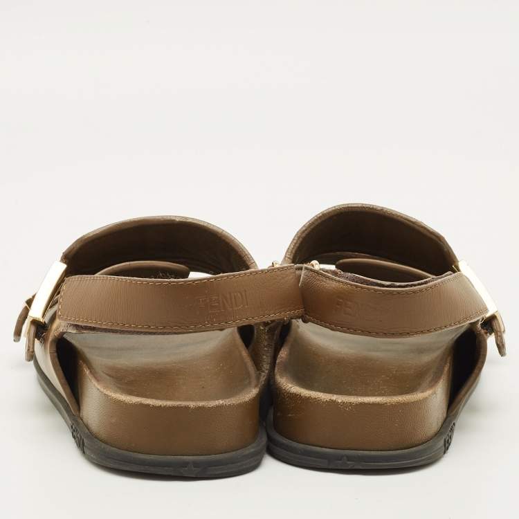 Pre Owned Fendi FF Size 35 Green FF Canvas and Leather Slingback Sandals