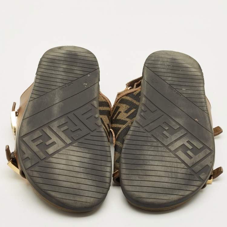 Pre Owned Fendi FF Size 35 Green FF Canvas and Leather Slingback Sandals