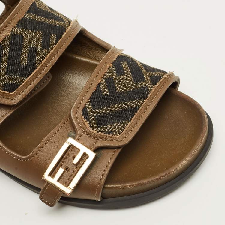 Pre Owned Fendi FF Size 35 Green FF Canvas and Leather Slingback Sandals