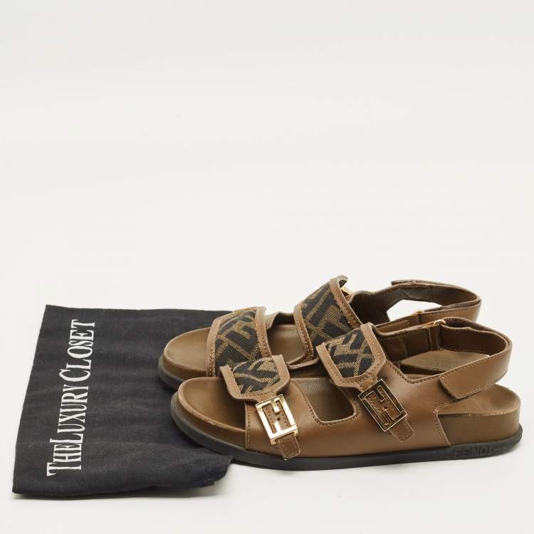 Pre Owned Fendi FF Size 35 Green FF Canvas and Leather Slingback Sandals