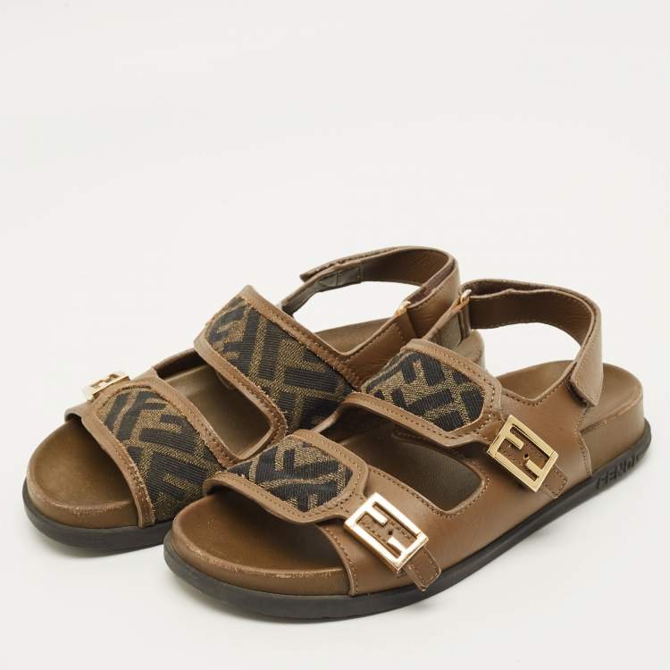 Pre Owned Fendi FF Size 35 Green FF Canvas and Leather Slingback Sandals