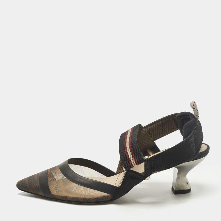 Pre Owned Fendi Colibri Size 36.5 Black Canvas and FF Net Slingback Pumps