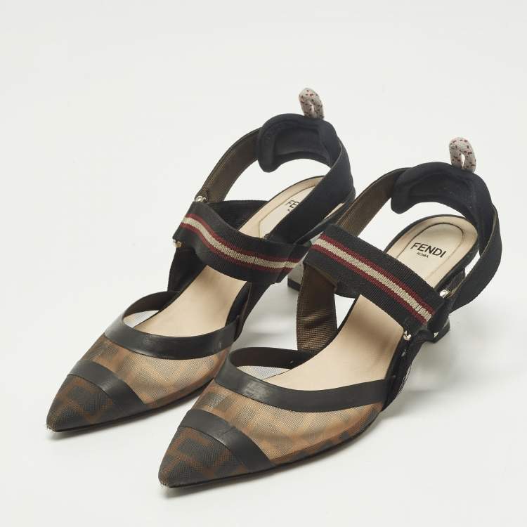 Pre Owned Fendi Colibri Size 36.5 Black Canvas and FF Net Slingback Pumps