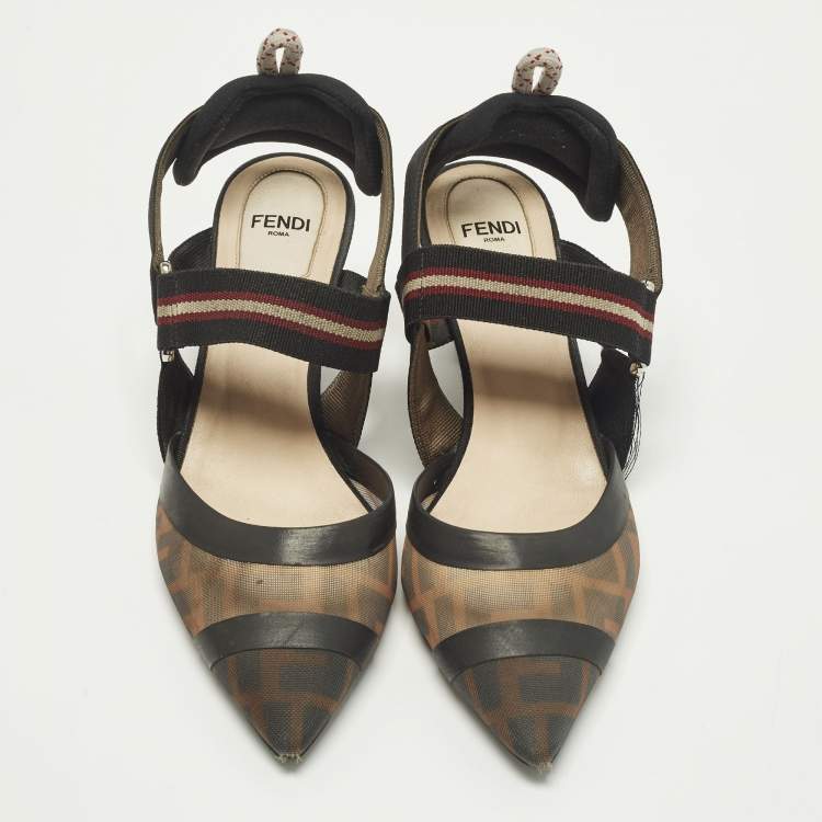 Pre Owned Fendi Colibri Size 36.5 Black Canvas and FF Net Slingback Pumps
