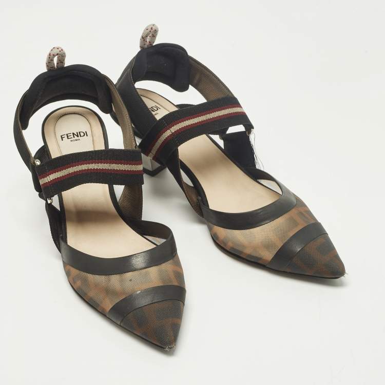 Pre Owned Fendi Colibri Size 36.5 Black Canvas and FF Net Slingback Pumps