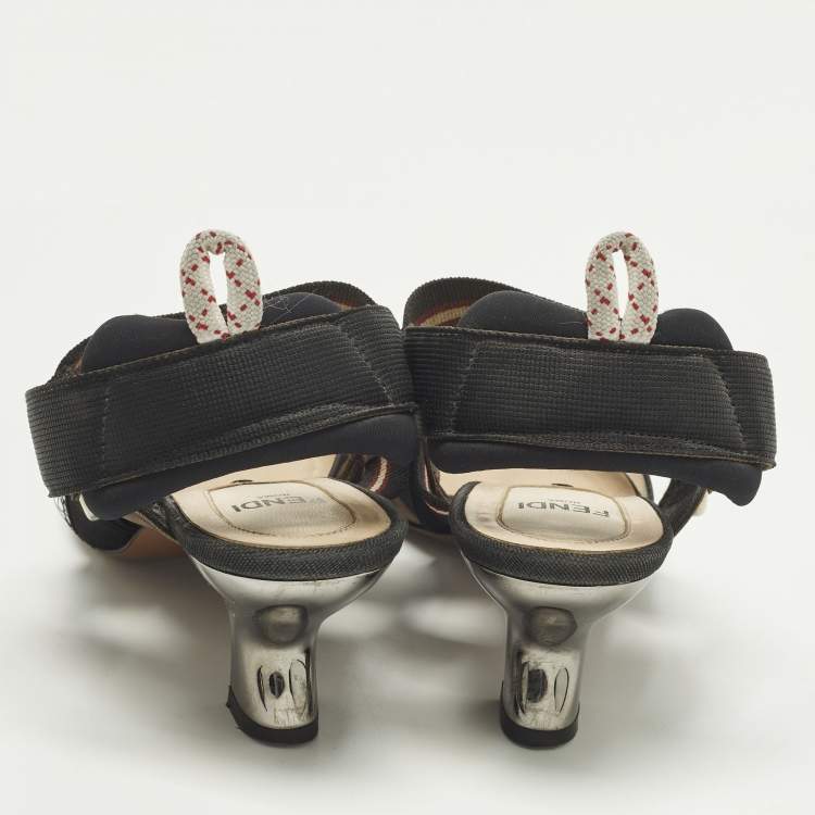 Pre Owned Fendi Colibri Size 36.5 Black Canvas and FF Net Slingback Pumps