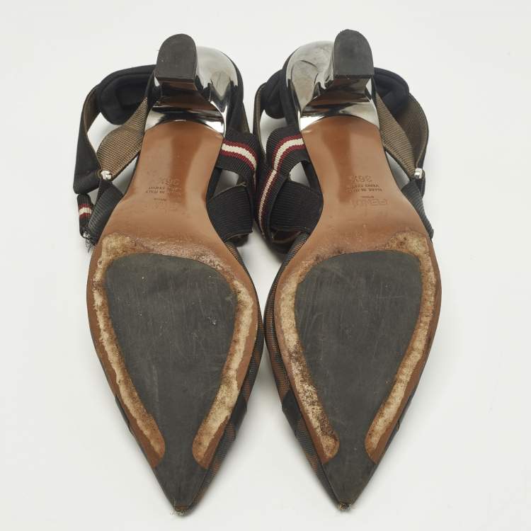 Pre Owned Fendi Colibri Size 36.5 Black Canvas and FF Net Slingback Pumps