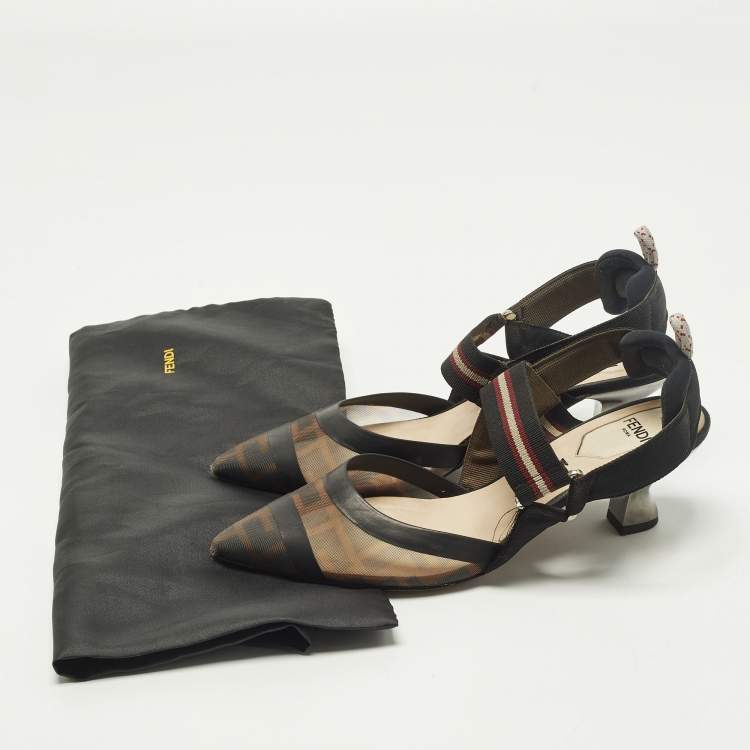 Pre Owned Fendi Colibri Size 36.5 Black Canvas and FF Net Slingback Pumps