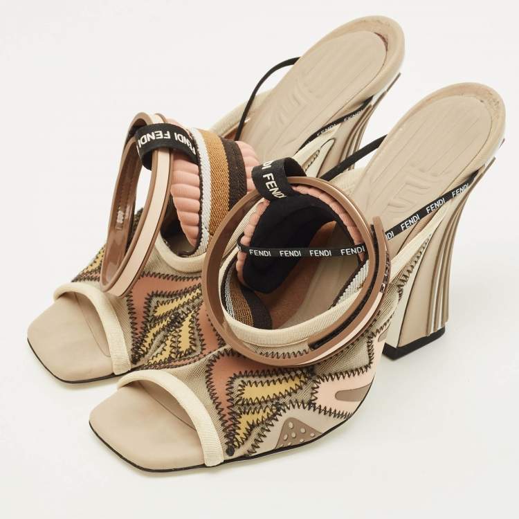 Pre Owned Fendi Evie Size 39 Multicolor Mesh and Neoprene Ankle Strap Sandals