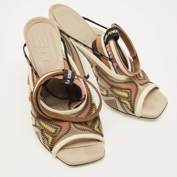 Pre Owned Fendi Evie Size 39 Multicolor Mesh and Neoprene Ankle Strap Sandals