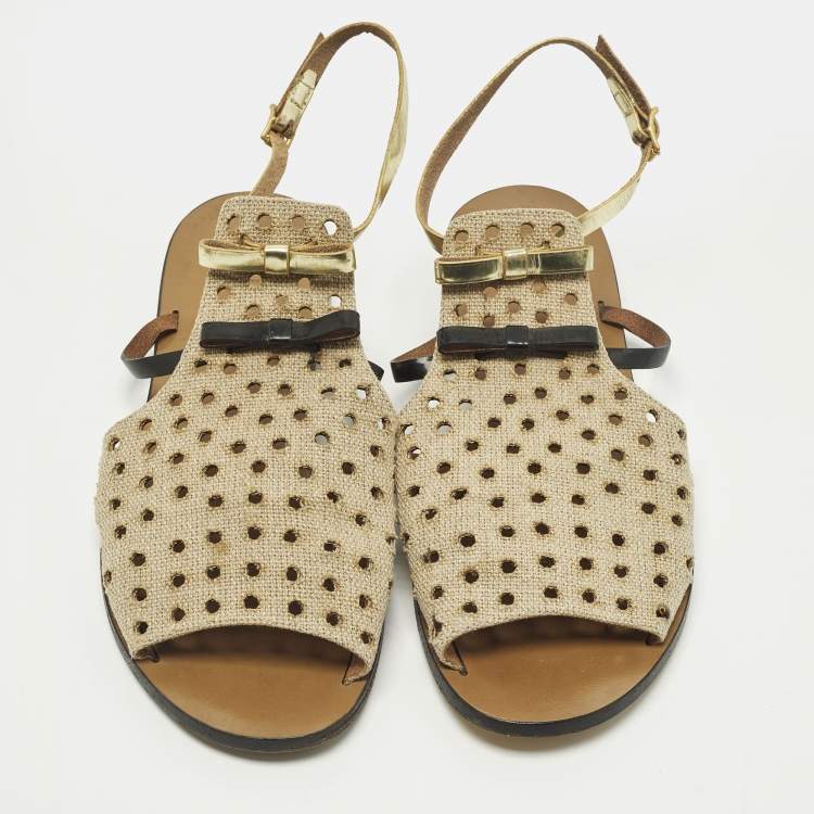 Pre Owned Fendi Size 40 Tricolor Perforated Jute and Patent Leather Double Bow Flat Sandals