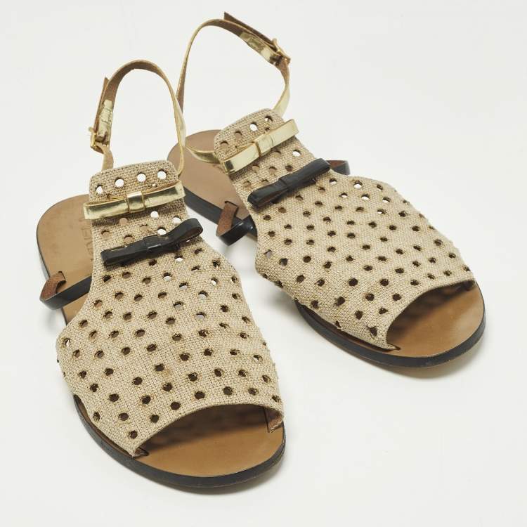 Pre Owned Fendi Size 40 Tricolor Perforated Jute and Patent Leather Double Bow Flat Sandals