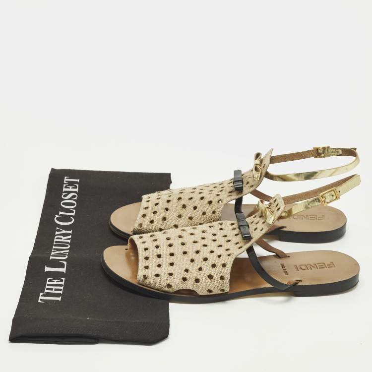 Pre Owned Fendi Size 40 Tricolor Perforated Jute and Patent Leather Double Bow Flat Sandals