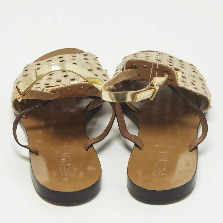 Pre Owned Fendi Size 40 Tricolor Perforated Jute and Patent Leather Double Bow Flat Sandals