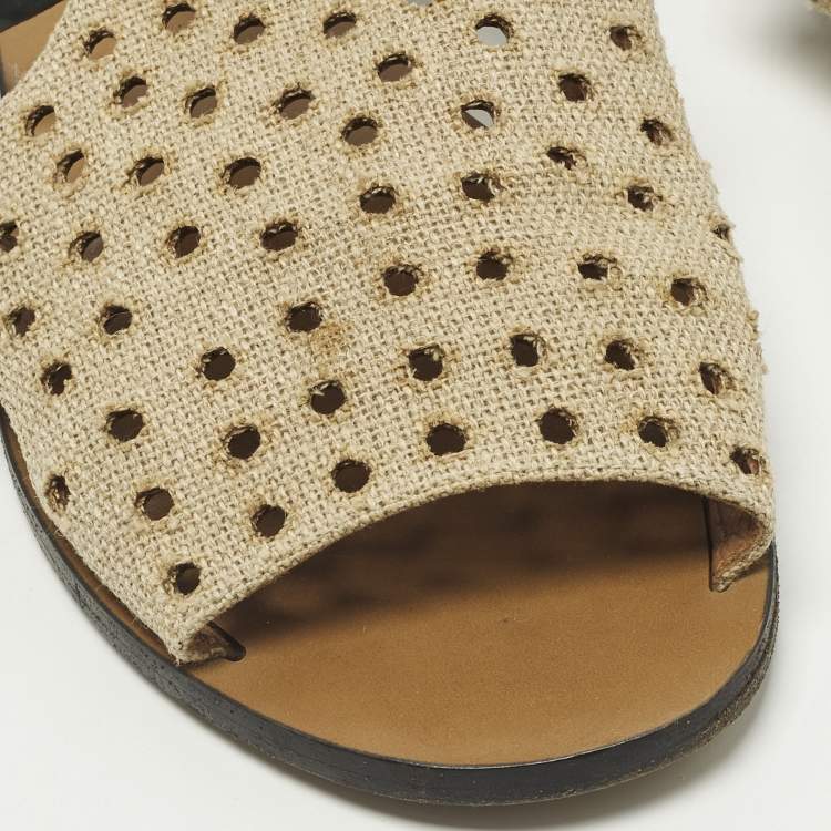 Pre Owned Fendi Size 40 Tricolor Perforated Jute and Patent Leather Double Bow Flat Sandals