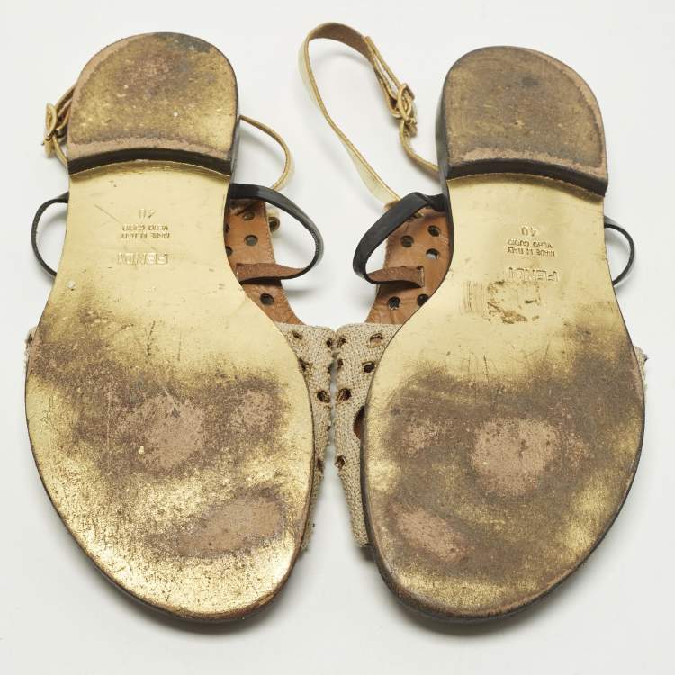 Pre Owned Fendi Size 40 Tricolor Perforated Jute and Patent Leather Double Bow Flat Sandals