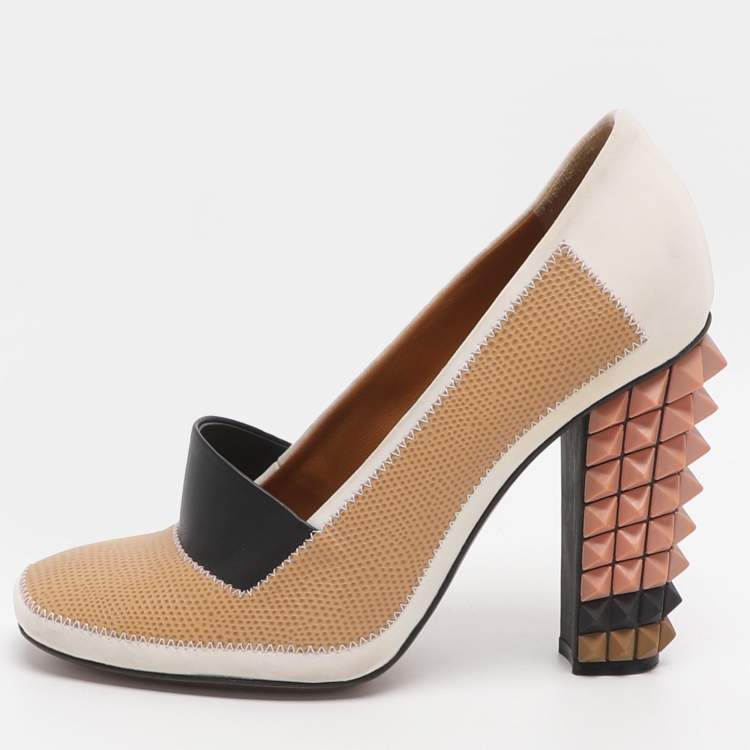 Pre Owned Fendi Polifonia Court Size 38 Multicolor Fabric and Lizard Embossed Leather Pumps