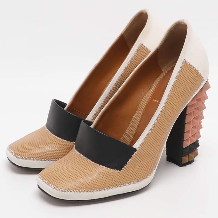 Pre Owned Fendi Polifonia Court Size 38 Multicolor Fabric and Lizard Embossed Leather Pumps