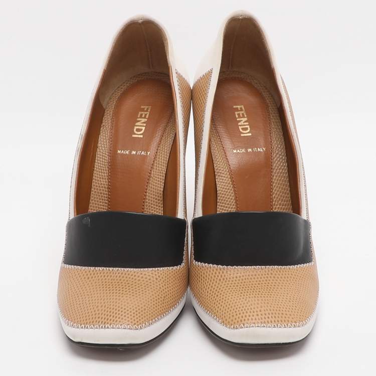 Pre Owned Fendi Polifonia Court Size 38 Multicolor Fabric and Lizard Embossed Leather Pumps