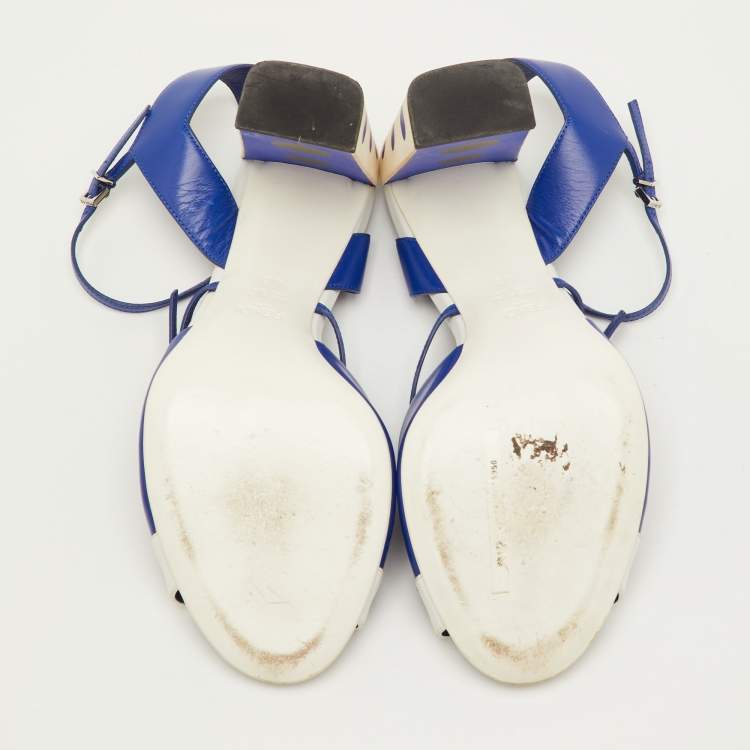 Pre Owned Fendi Polka Dots Size 40 Navy Blue/White Leather Block Heel Ankle Strap Sandals