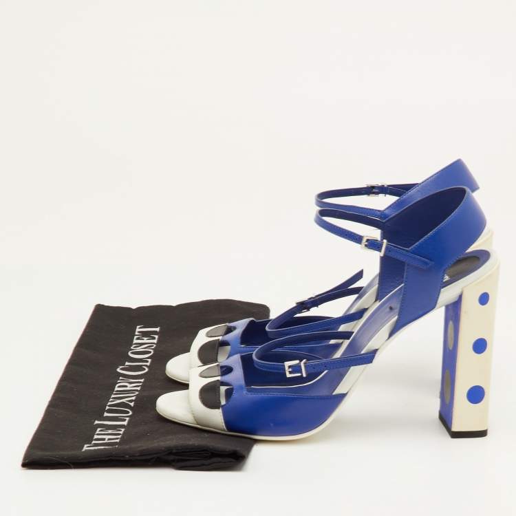 Pre Owned Fendi Polka Dots Size 40 Navy Blue/White Leather Block Heel Ankle Strap Sandals