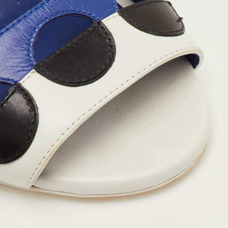 Pre Owned Fendi Polka Dots Size 40 Navy Blue/White Leather Block Heel Ankle Strap Sandals