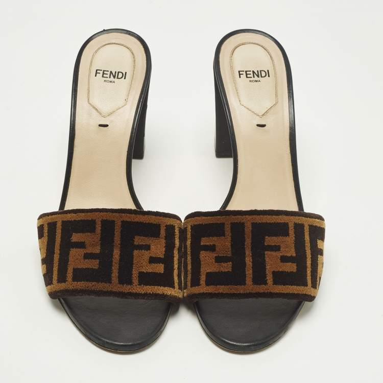 Pre Owned Fendi FF Size 37.5 Brown Leather and  Velvet FF Logo Slide Sandals