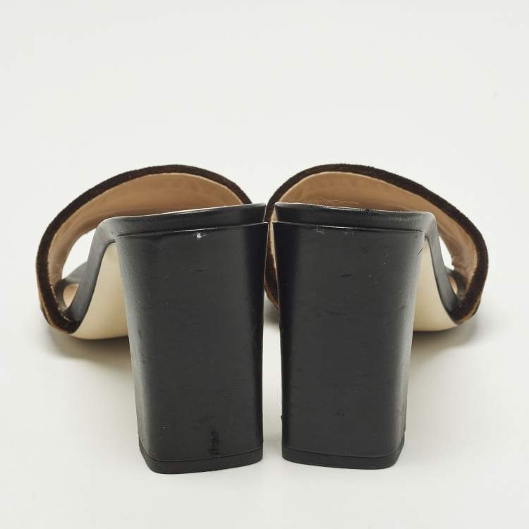 Pre Owned Fendi FF Size 37.5 Brown Leather and  Velvet FF Logo Slide Sandals