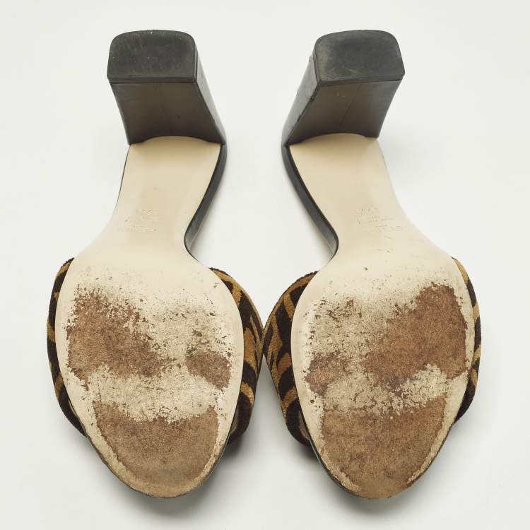 Pre Owned Fendi FF Size 37.5 Brown Leather and  Velvet FF Logo Slide Sandals