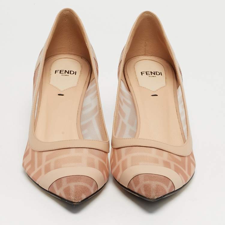 Pre Owned Fendi Colibri Size 36 Beige/Brown Zucca Mesh and Leather Pumps