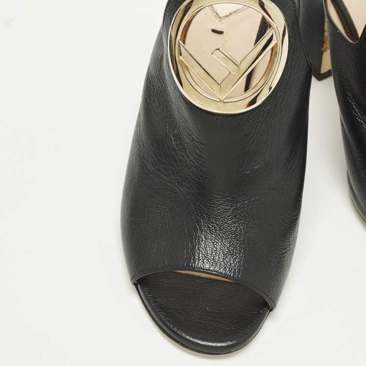 Pre Owned Fendi Size 38 Black Leather F Logo Mules