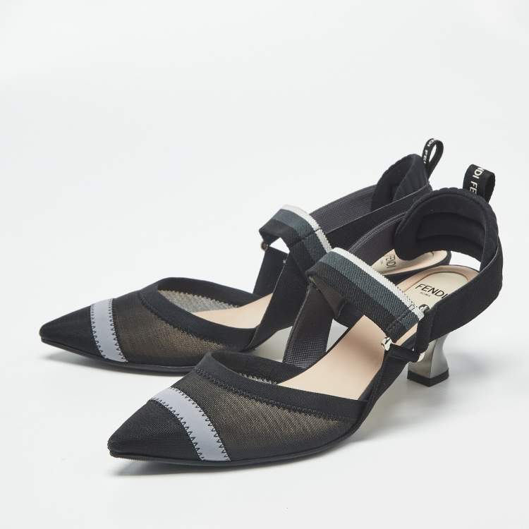 Pre Owned Fendi Colibri Size 37.5 Black Mesh Slingback Pumps