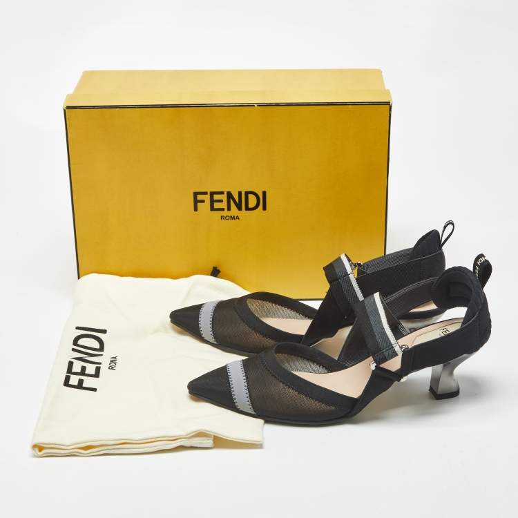 Pre Owned Fendi Colibri Size 37.5 Black Mesh Slingback Pumps