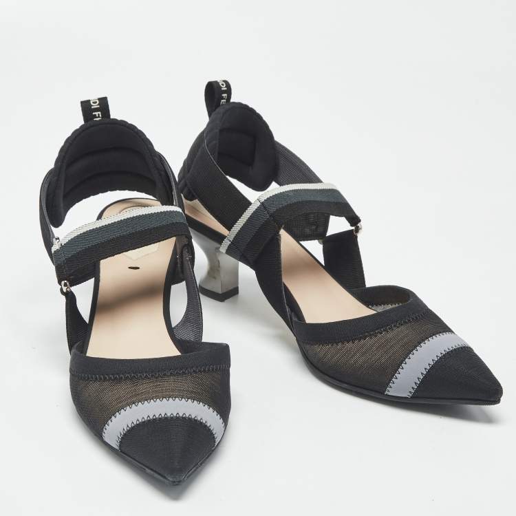 Pre Owned Fendi Colibri Size 37.5 Black Mesh Slingback Pumps