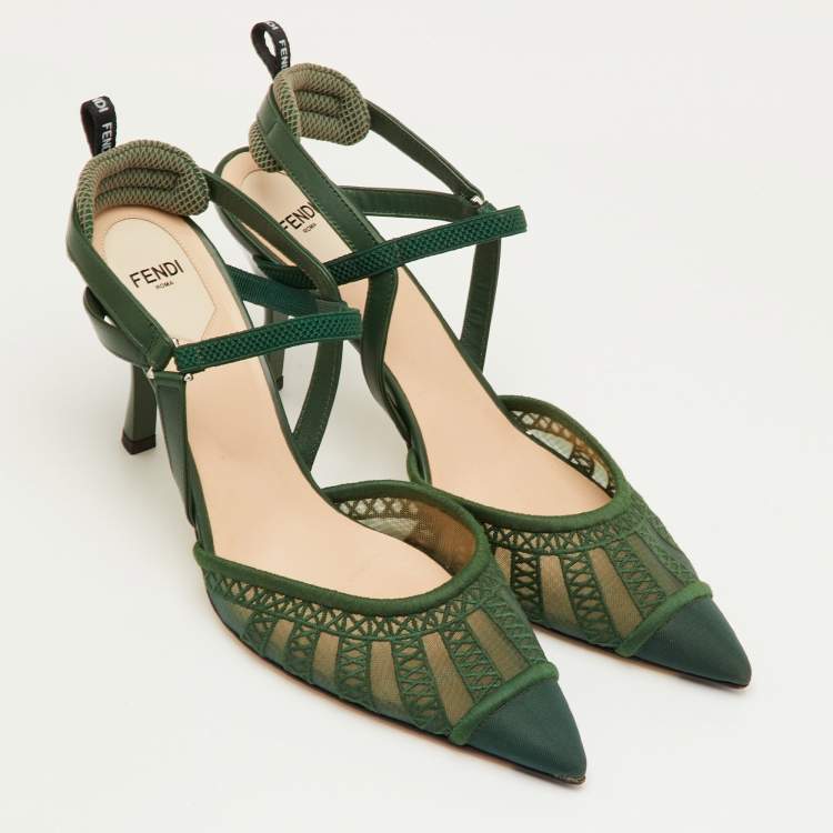Pre Owned Fendi Colibri Lite Size 40.5 Green Mesh and Leather Pointed Toe Slingback Pumps