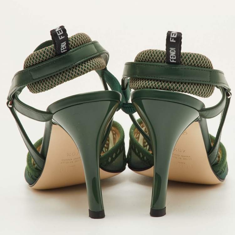 Pre Owned Fendi Colibri Lite Size 40.5 Green Mesh and Leather Pointed Toe Slingback Pumps