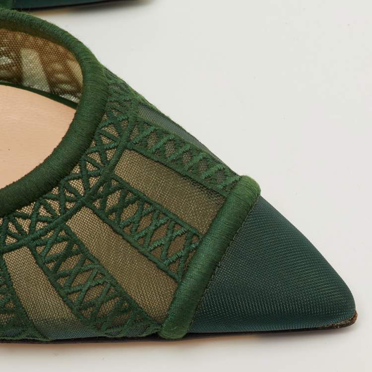 Pre Owned Fendi Colibri Lite Size 40.5 Green Mesh and Leather Pointed Toe Slingback Pumps