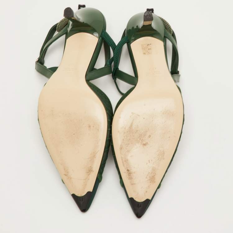 Pre Owned Fendi Colibri Lite Size 40.5 Green Mesh and Leather Pointed Toe Slingback Pumps
