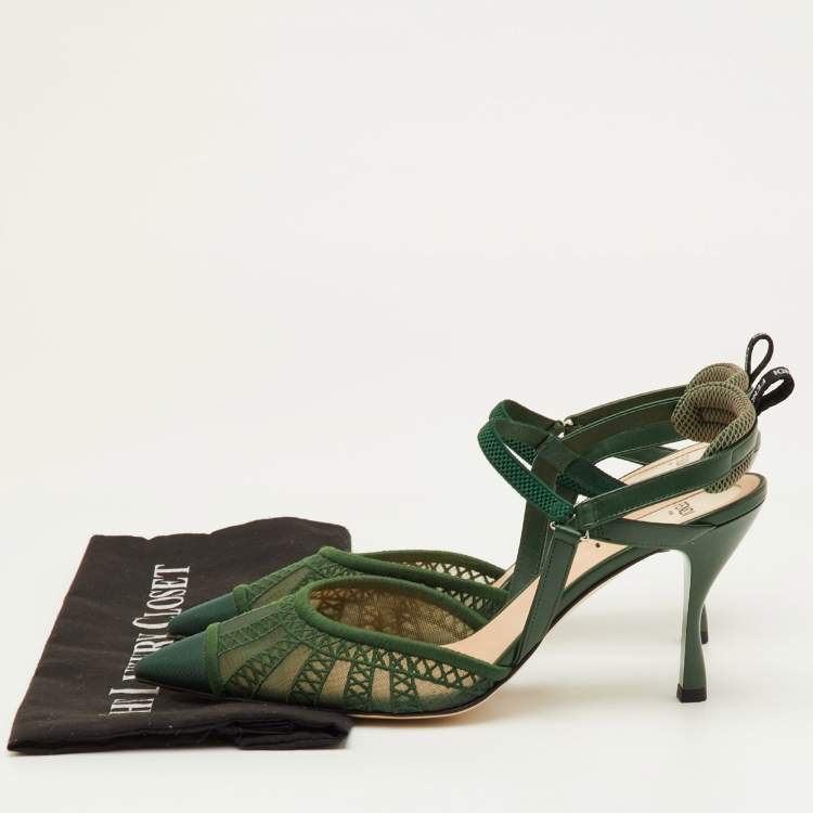 Pre Owned Fendi Colibri Lite Size 40.5 Green Mesh and Leather Pointed Toe Slingback Pumps