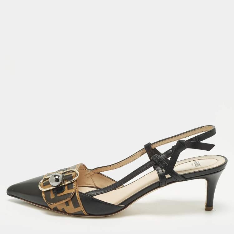 Pre Owned Fendi FF Size 41 Black Leather Slingback Pumps