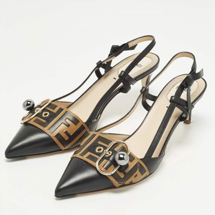 Pre Owned Fendi FF Size 41 Black Leather Slingback Pumps
