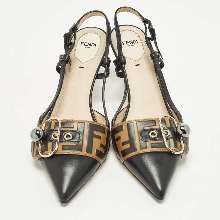 Pre Owned Fendi FF Size 41 Black Leather Slingback Pumps