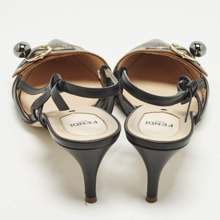 Pre Owned Fendi FF Size 41 Black Leather Slingback Pumps