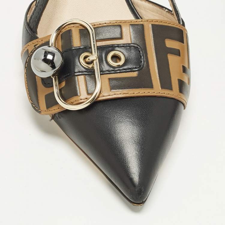 Pre Owned Fendi FF Size 41 Black Leather Slingback Pumps