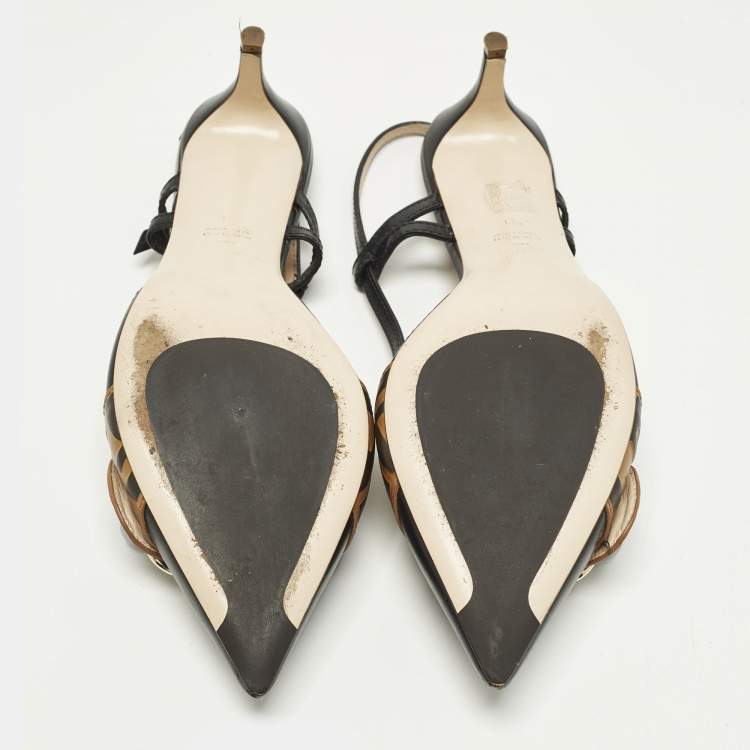 Pre Owned Fendi FF Size 41 Black Leather Slingback Pumps