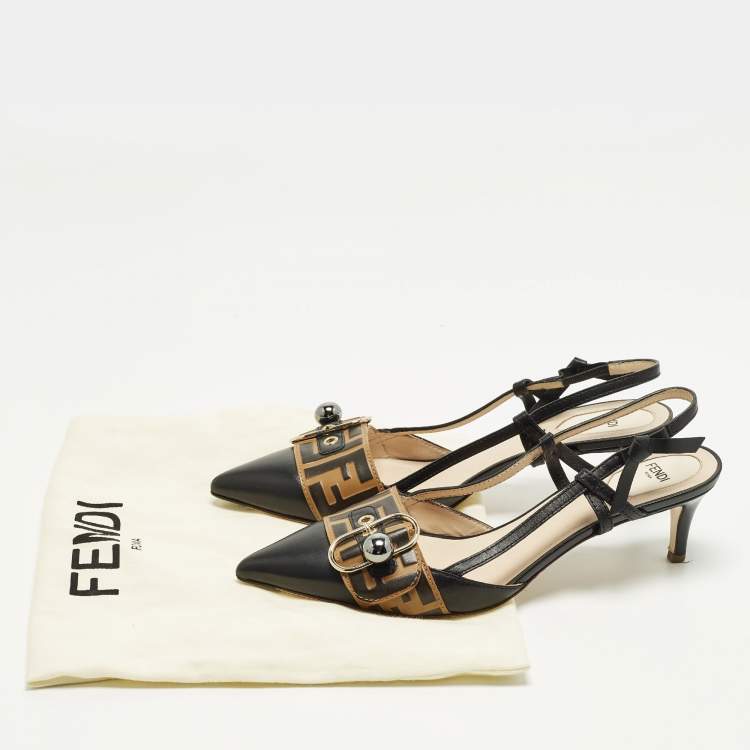 Pre Owned Fendi FF Size 41 Black Leather Slingback Pumps