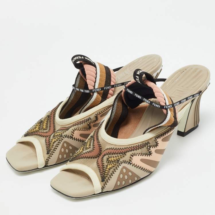Pre Owned Fendi Evie Size 39 Multicolor Fabric and Net Ankle Strap Sandals